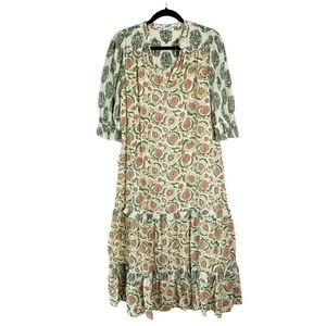 Zara Puff Sleeve Cotton Tiered Midi Maxi Dress Mixed Patterns Size Small Cream